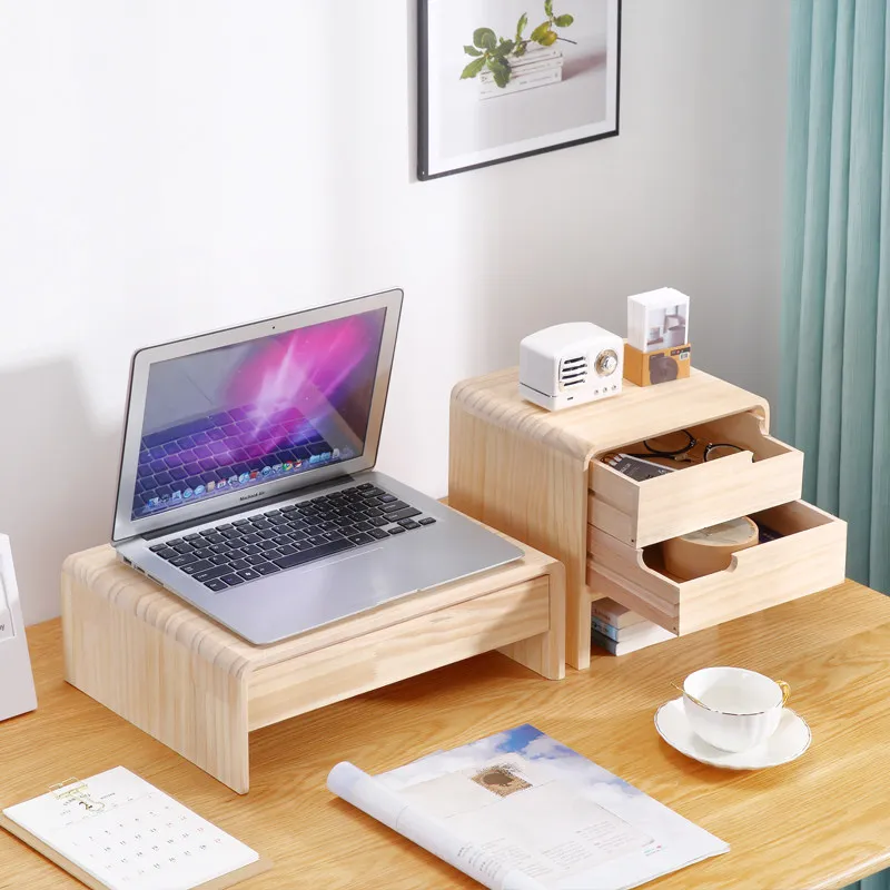 

Multi-Functional Solid Wood Laptop Stand Riser Monitor Base Elevator Office Desk Storage Organizer Multi-layer Storage Drawers