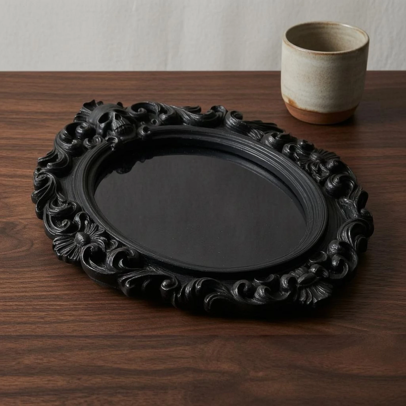 Ornate Oval Wall Frame Carved Medieval Skull Frame Ornate Halloween Wall Art Intricate Details Home Decor Antique-Inspired Style