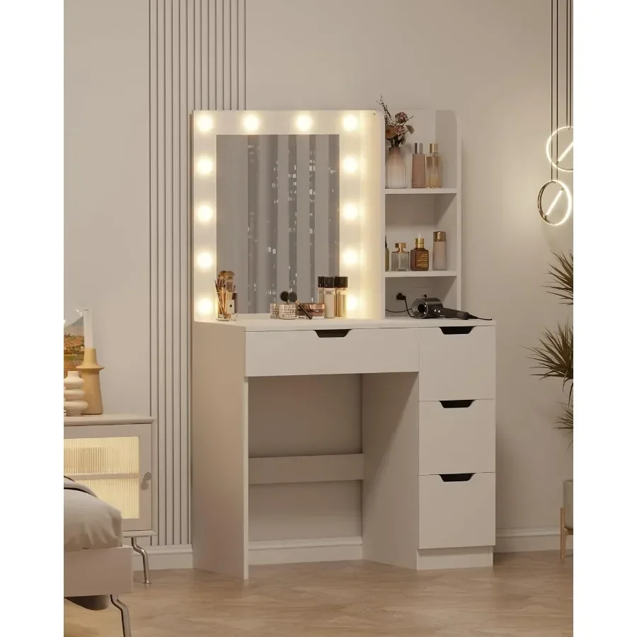 Makeup Vanity with Lights, White Vanity Desk with Mirror 12 LED Bulbs, Girls Vanity Table with 4 Drawers, Vanity Desk with Mirr