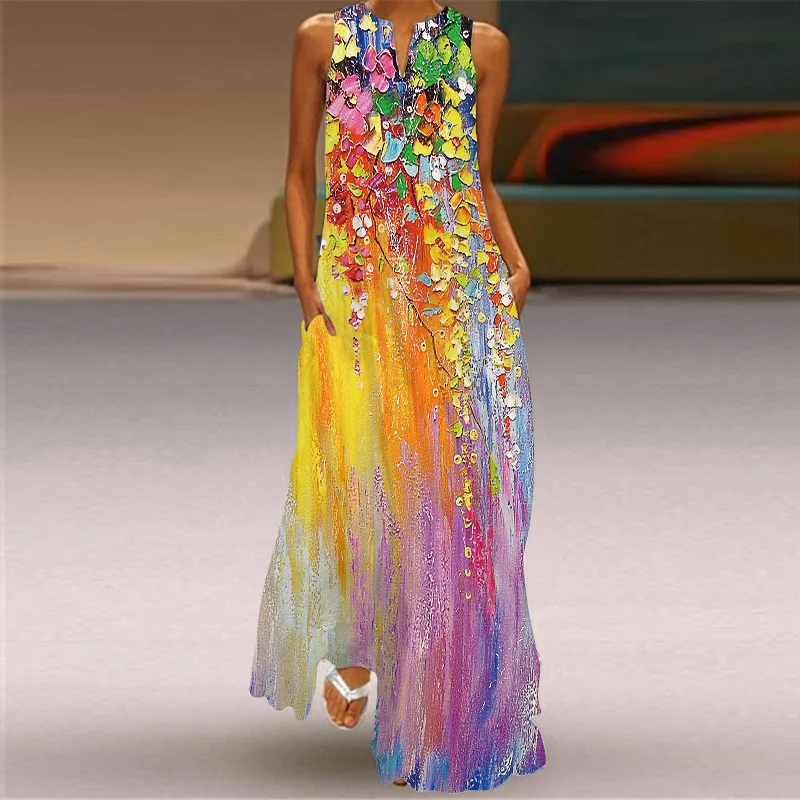 Rainbow Gradient Print Elegant Women's Dress 2024 Summer Sexy Sleeveless V-neck Evening Long Dress Women Casual Party Maxi Dress