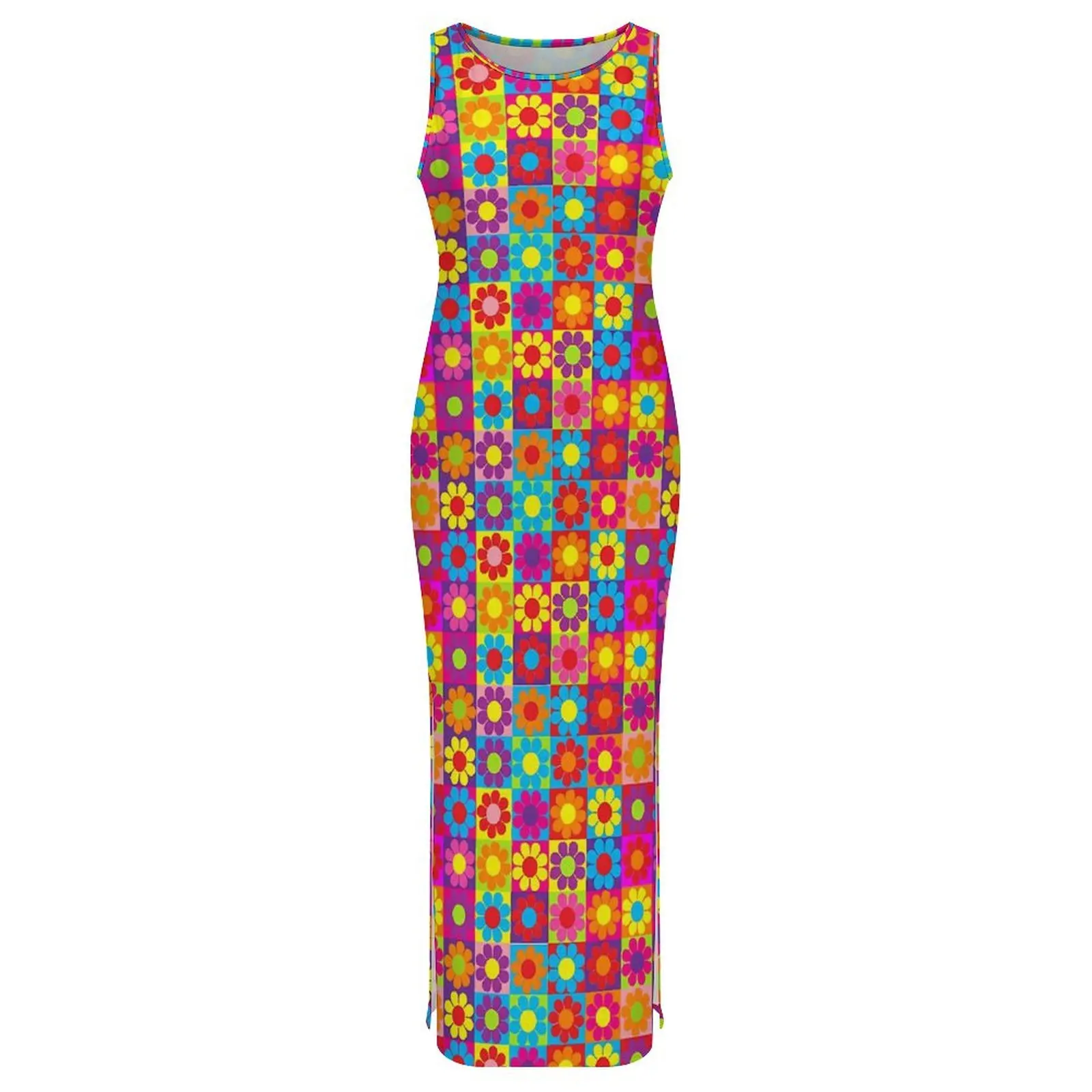 Damska Sukienka Retro Kwadratowy Nadruk Kwiatowy Power Streetwear Bodycon Letnia Bez Rękawów Klubowa Imprezowa Maxi Sukienki Duże Rozmiary Vestidos