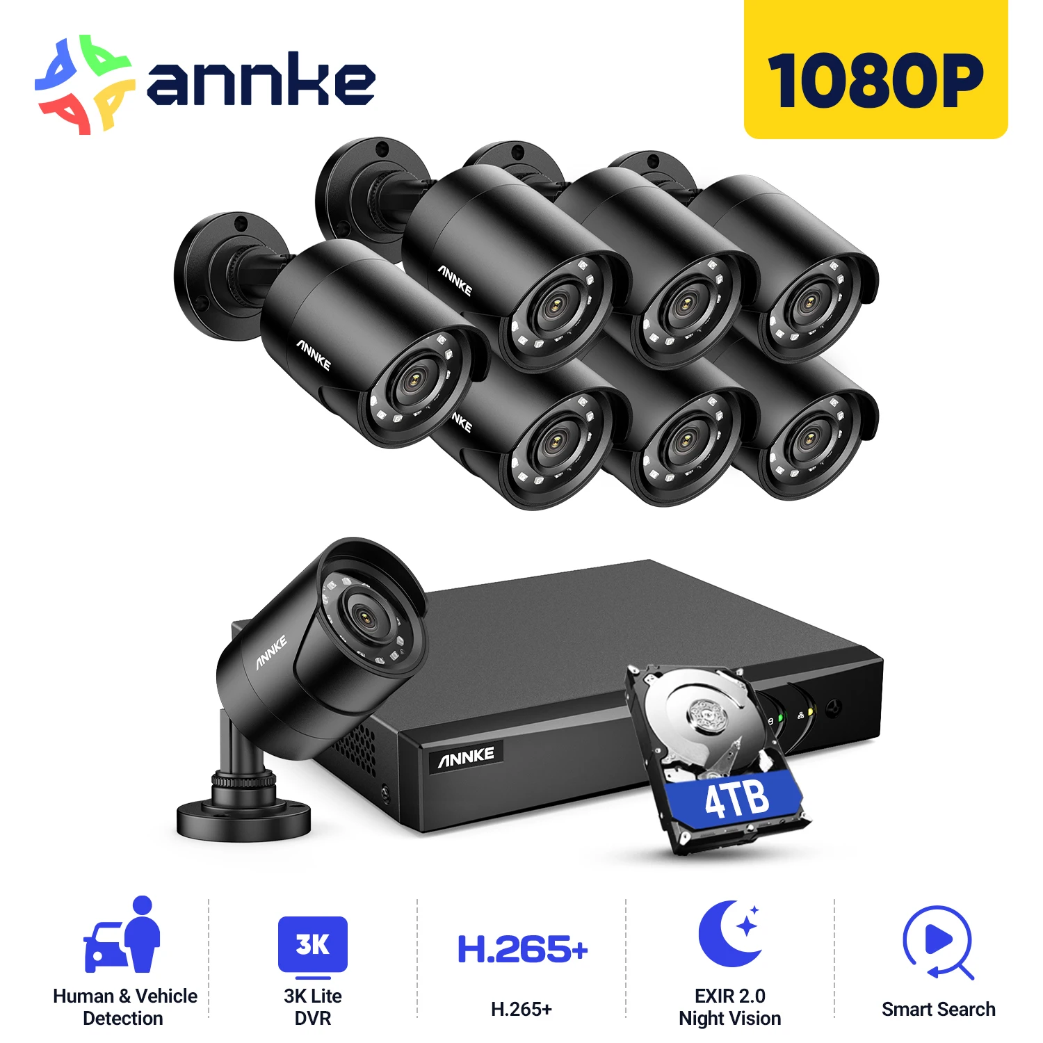 Annke กล้องวงจรปิด H.265 1080P + ระบบ DVR กล้อง8CH 8ชิ้น, กล้อง2.0MP หัวกระสุนกันน้ำ IP66ชุดกล้องวงจรปิดรักษาความปลอดภัยสำหรับบ้าน