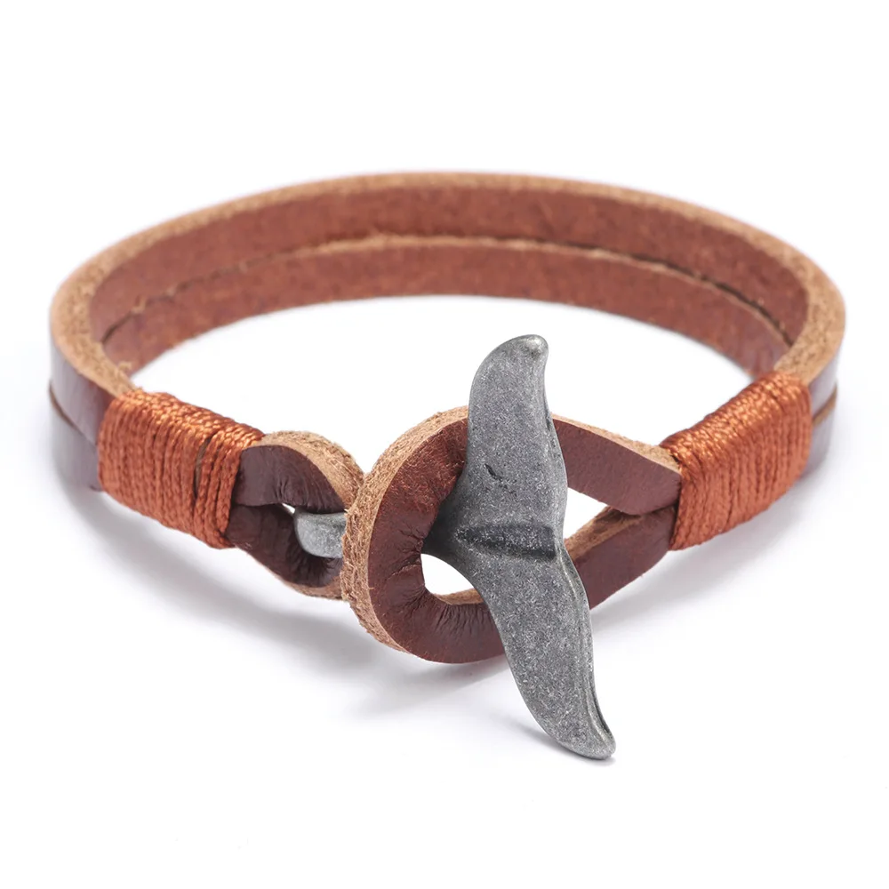 Punk Retro Whale Tail Charm Bracelet Men Cowhide Leather Bracelets Luxury Handwoven Jewelry Gift Wholesale