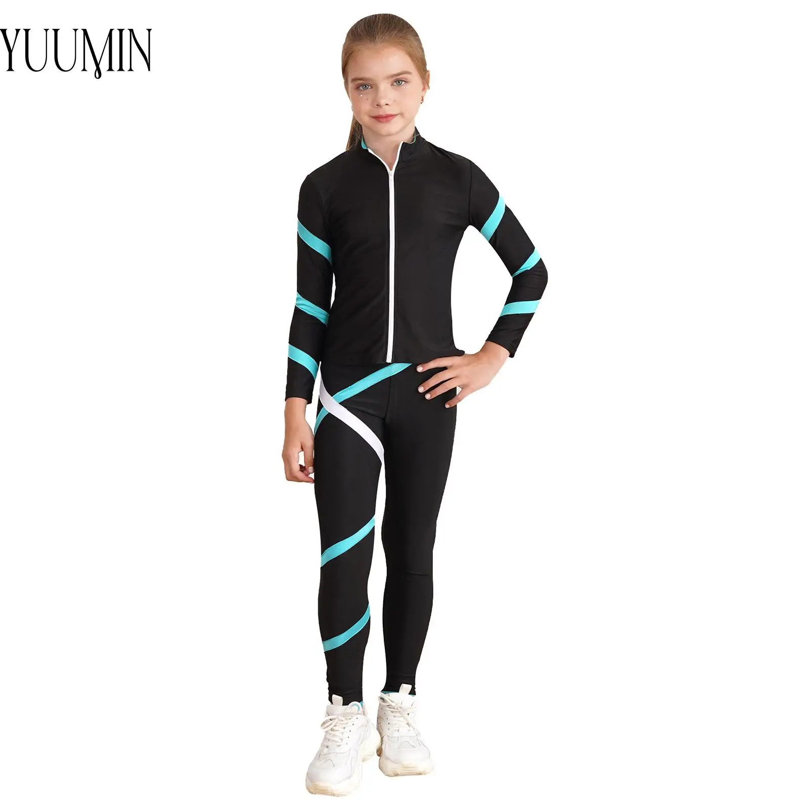 Kids Girls Sportswear Ice Skating Costume Contrast Color Stripe Zipper Stand Collar Long Sleeve Sweatshirt Leggings Sport Suit