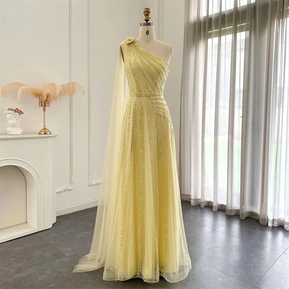 Bella Luxury Beaded Prom Dresses Yellow One Shoulder Wedding Dress Customized Sleeveless Sexy Side High Split Vestidos De Fiesta