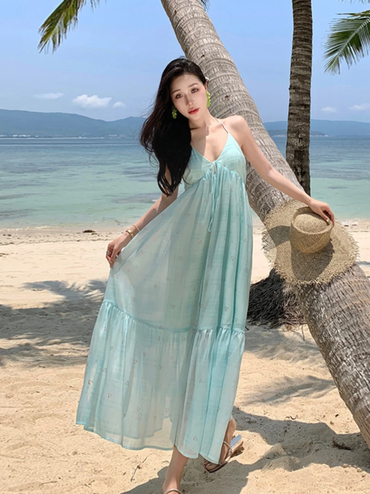 Zomer Dopane Beach Vaion Dr Aosphere Sexy Bal Sanya afslankende strandrok Casual hoge taille Sari Sle V Ne