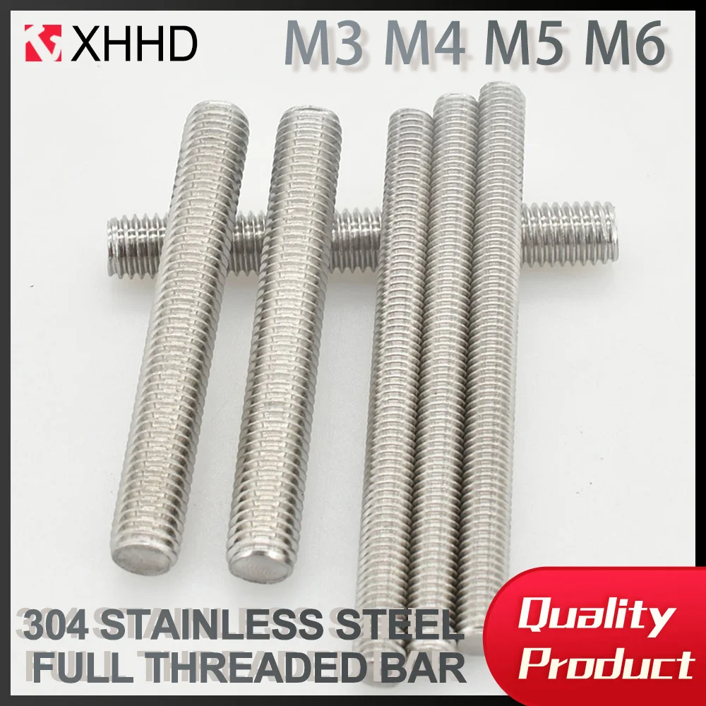 M3 M4 M5 M6 304 Stainless Steel Full Threaded Bar Fully Metric Thread Rod Screw Bolts Stud Length Fasteners Stud Rods 16mm-500mm