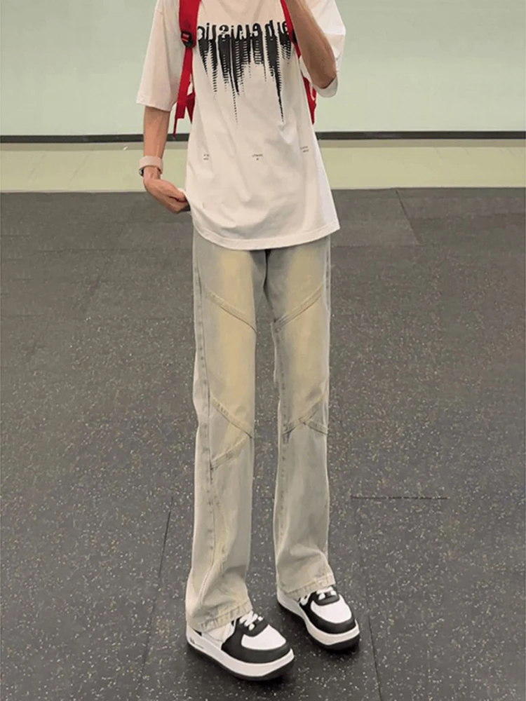 

American Retro Vibe Men's Summer Patchwork Mud Color Jeans Straight Narrow Micro Flared Pants Youth Trendy Cotton Polyester B...