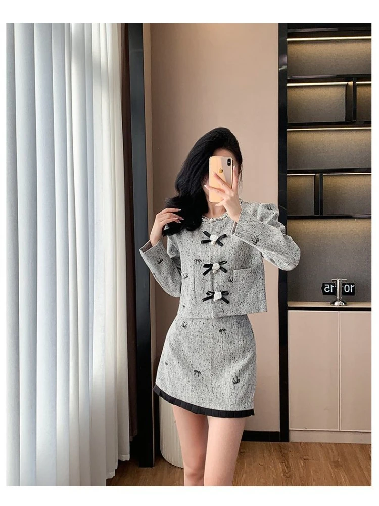 

French Style High-end Gray Two-piece Set Women Autumn Winter New Bow Short Coat High Waist Slimming Skirt Commute Set