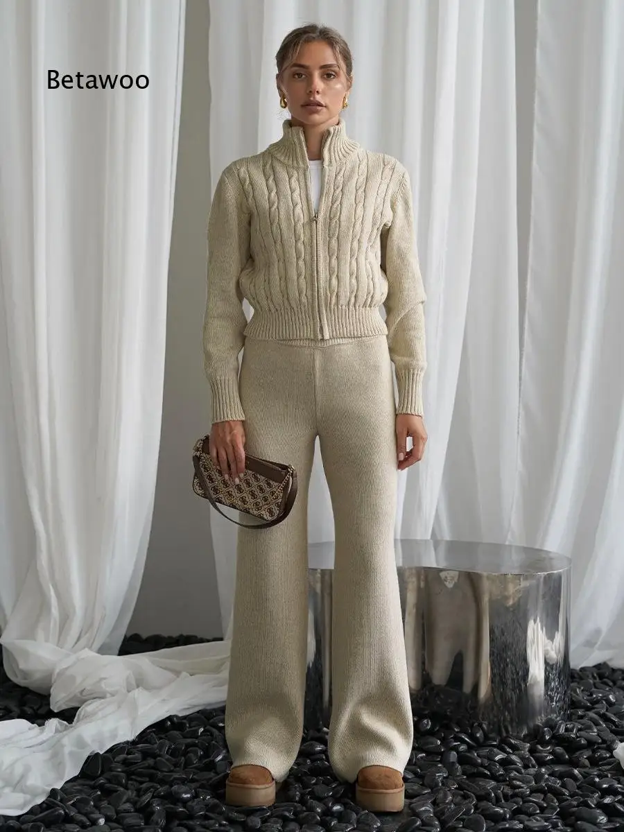 Womens Two Piece Sweater Set Stand Neck Cable Knit Zip Front Cardigan and Solid Flare Trousers for Casual Daily Occasions