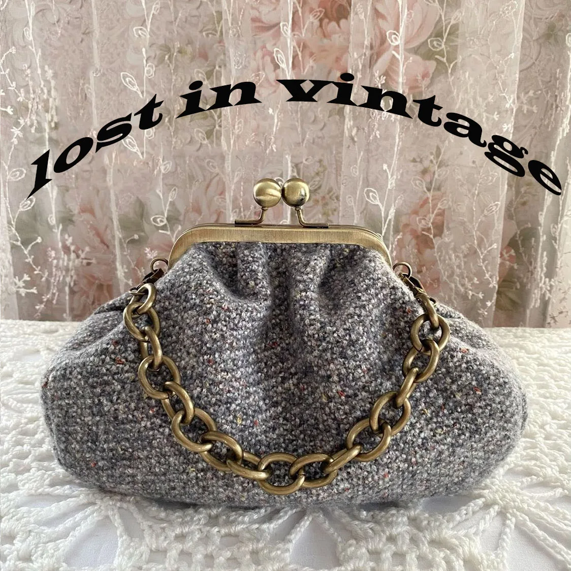 Lost in Vintage Grace Tweed Fabric Thick Fabric Bag Kisslock Clutch Handlebag Flap Bags Frame Clutch 25x17x8cm Detachable Chain