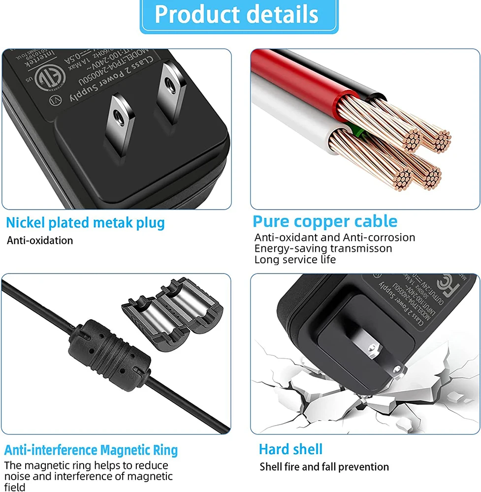 12V 24W AC Adapter Wall Charger, for Christmas Tree LED Strip Light Security CCTV Camera Yamaha Keyboard, with On Off Switch.