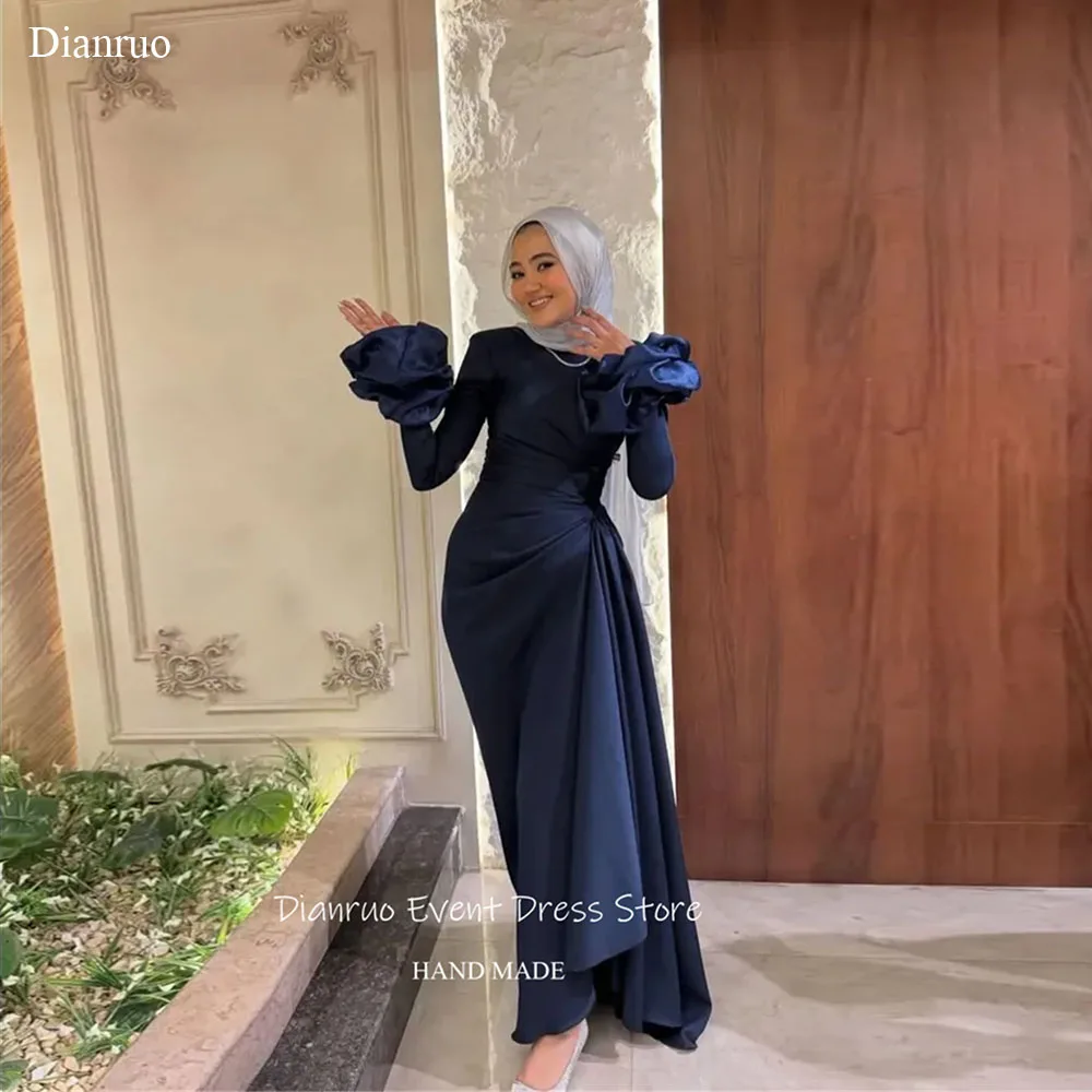 Dianruo パフスリーブフレアカフスイブニングドレスシックなサテン特別な日のガウンドレーププリーツセレブドレスカスタマイズ