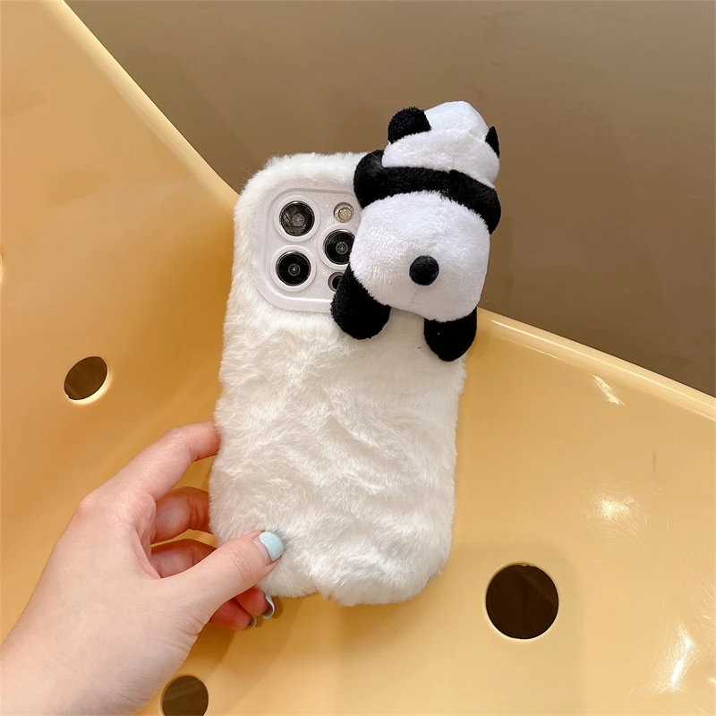 Coque de téléphone en peluche Panda 3D, étui pour iPhone 16 Plus 15 Pro Max 14 13 12 11, fourrure chaude, couverture de dessin animé mignon Kawaii