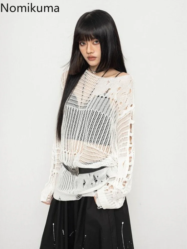 Suéter de gran tamaño para Mujer, jersey de manga larga Harajuku, suéteres de punto ahuecados, Tops Y2k, moda para Mujer