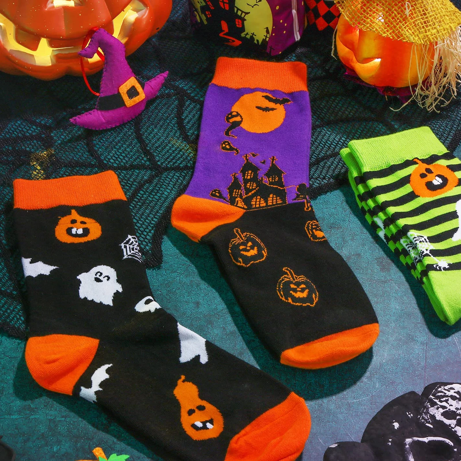 6 pasang kaus kaki Halloween kelelawar, kaus kaki kru labu menyenangkan warna-warni hadiah untuk pria wanita