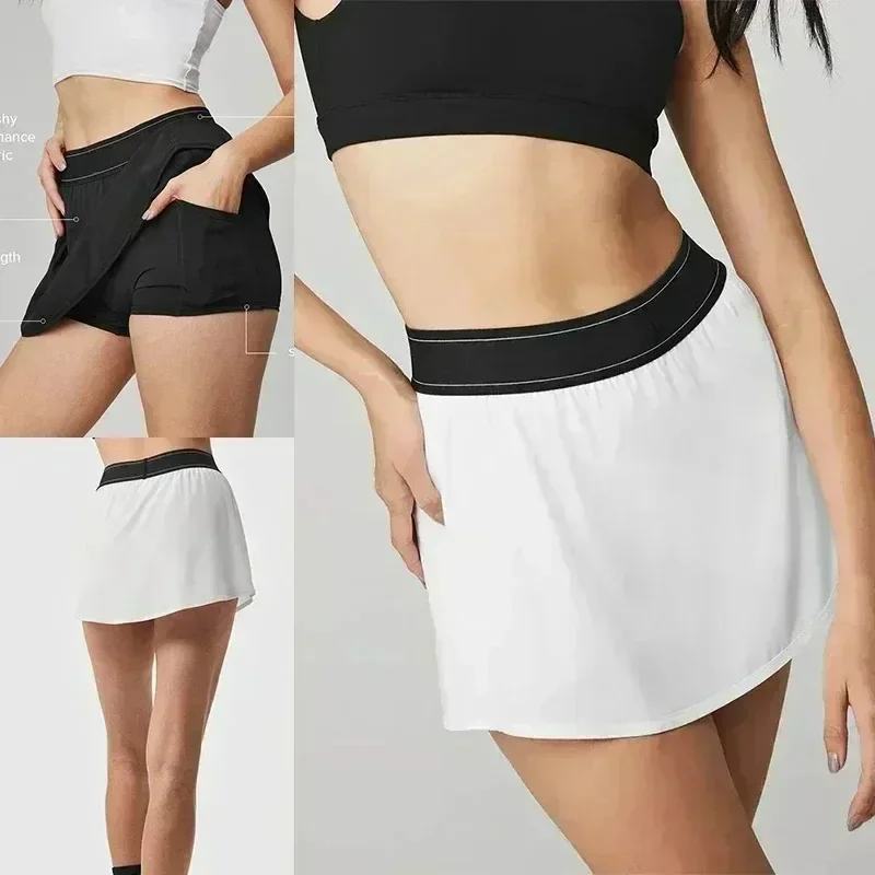 AI Yoga Letter Jacquard Elastic Tennis Skirt 2025 Women's Quick-drying Sports Skirt With Pocket Running Fitness Casual Skirts