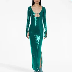 Sexy V Neck Flare Long Sleeve Sequins Maxi Dress Women Elegant Green Sequined Split Bodycon Celebrity Evening Party Long Gowns