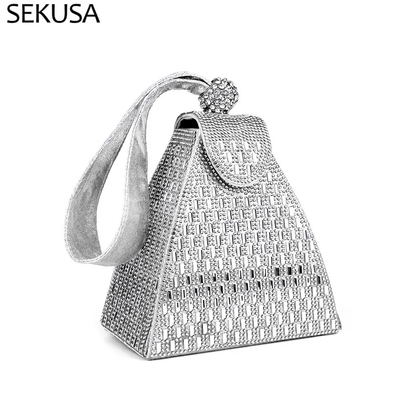 

Triangle Shaped Arylic Women Evening Bags Rhinestones Day Clutch Gold Silver Black Color Party Wedding Handbags Bucket Purse