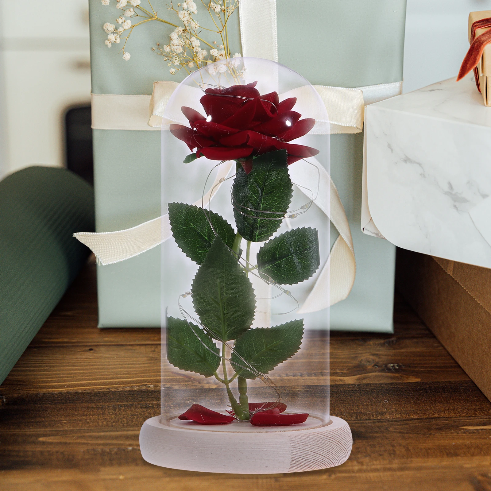 

Wood LED Rose Light Artificial Flower Glass Dome Decor Faux Silk Cover Home Bedroom nament Valentine Christmas Gift