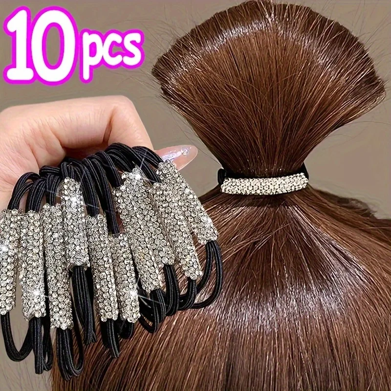 10pcs Women Diamonds Black Shiny Rhinestone Seamless Rubber Band Elastic Hair Rope New Fashion Hot Sale Hair Accessories