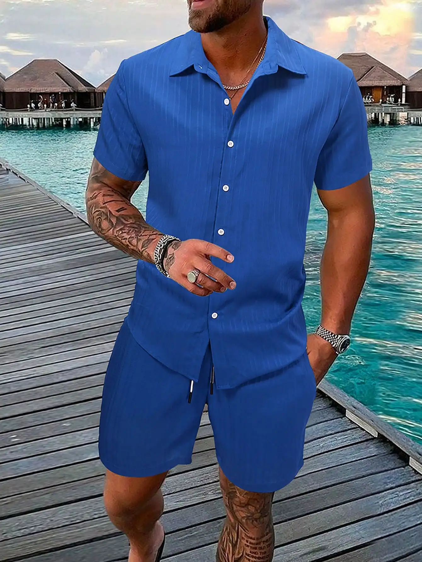 Mens Lightweight Short Sleeve Shirt And Matching Shorts Set For Summer Vacation - Image 4