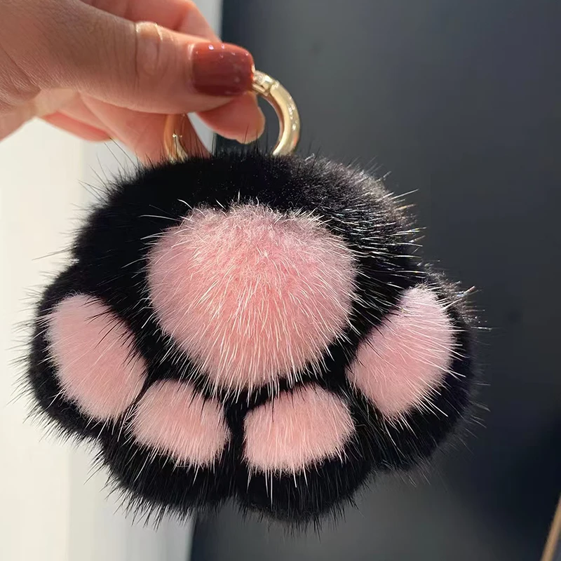 LLavero de pata de gato esponjoso rosa y negro, llavero con pompón para el pelo para mujeres y niñas, colgante de pata bonita, llavero de coche, decoración para bolso