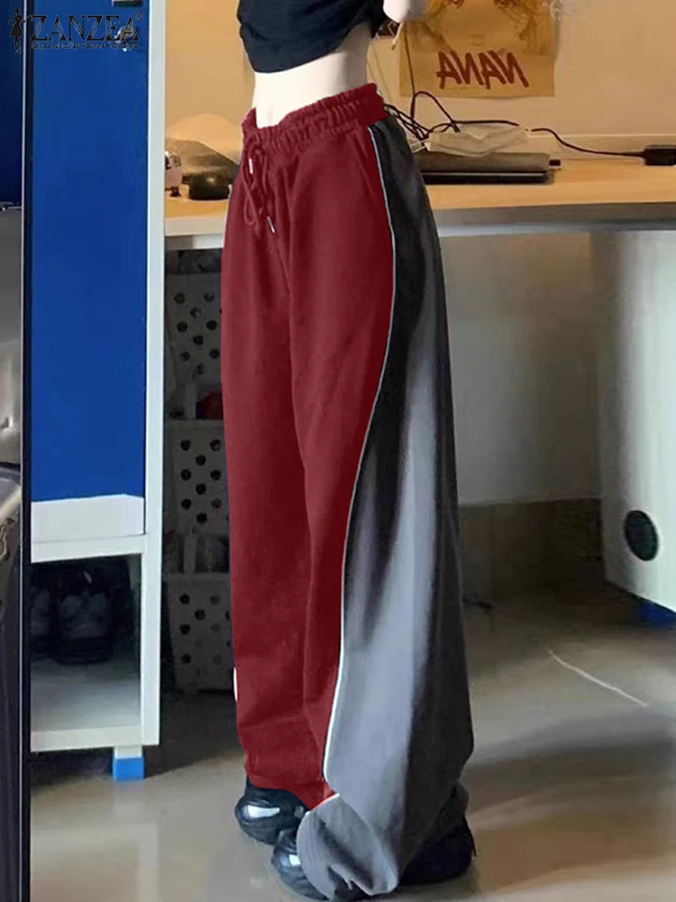

ZANZEA Women Fashion Wide Leg Pants Casual Color Patchwork Long Trousers 2025 Elastic Waist Loose Streetwear Sporty Pantalons