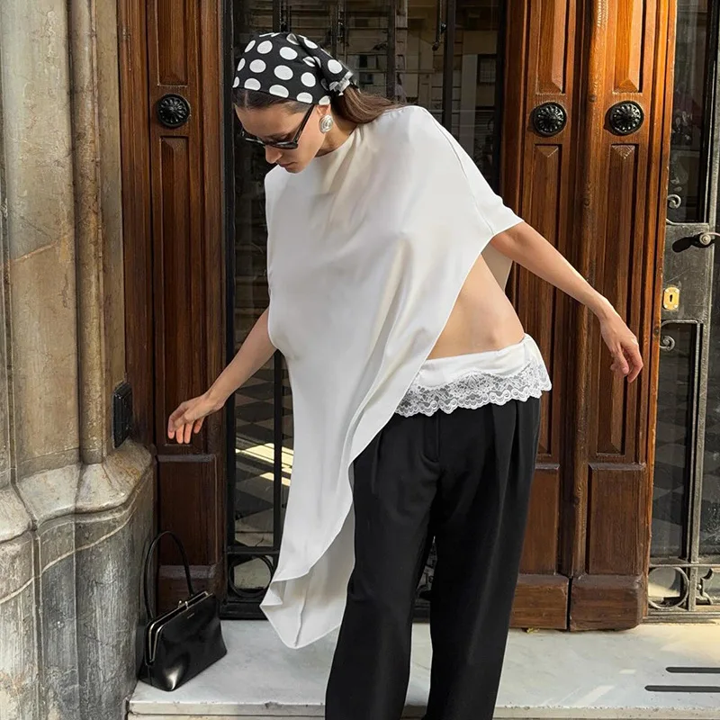 بلوزة أساسية غير متماثلة للنساء، ملابس خريفية أنيقة، بلوفرات بيضاء، وسادات كتف، ملابس كلاسيكية فضفاضة #4