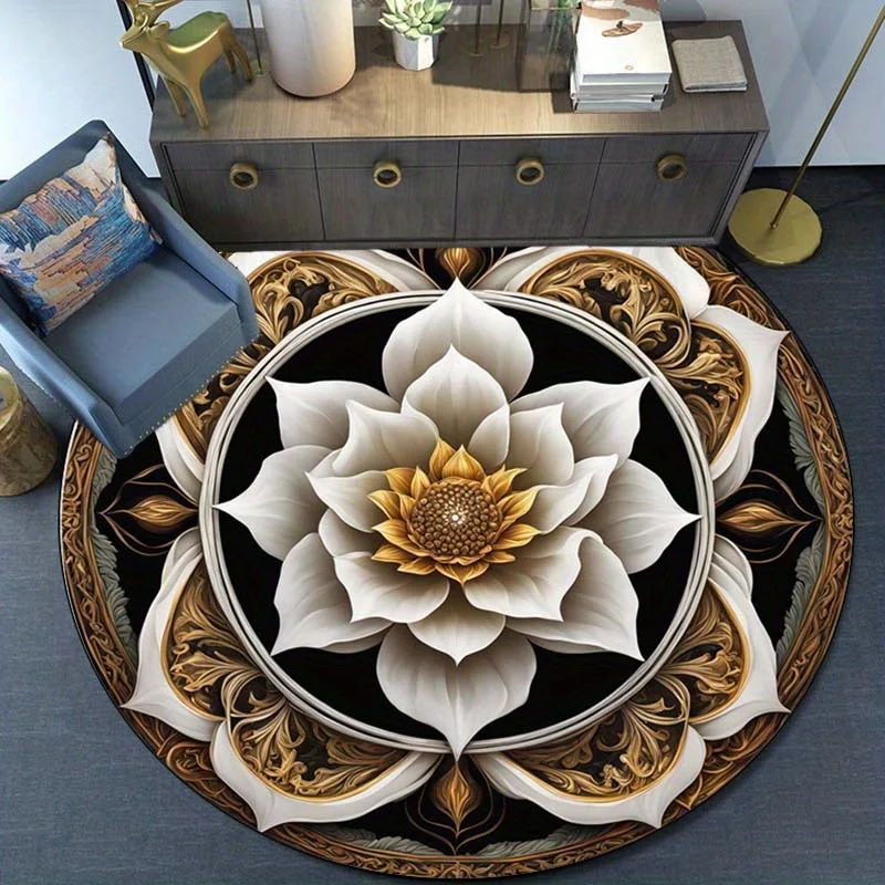Round Crystal Velvet Rug Lotus Mandala Design Black Gold White Elegant Living Room Bedroom Floor Decor Artistic Home Decoration