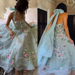 Elegante vestido feminino com cabeçada de flores, vestido de festa de baile linha A, saia até o tornozelo, organza, moda, 2023