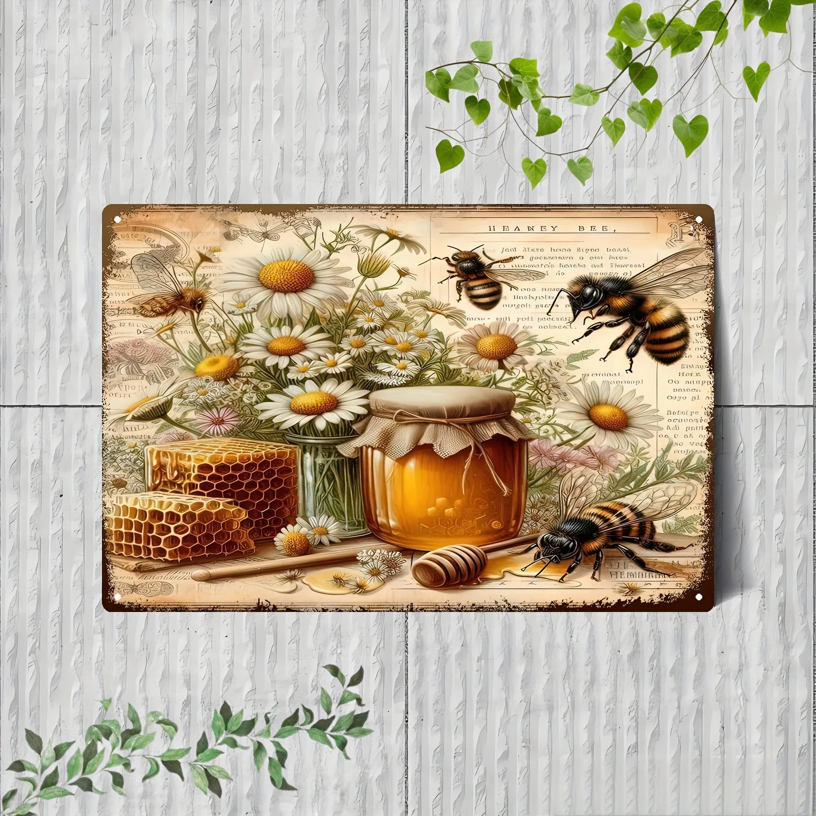 2D Flat, Vintage Beekeeping Wall Sign - 20.32x30.48 cm Rustic Bee & Honeycomb Metal Plaque with Honeycomb, Bees & Flowers - D