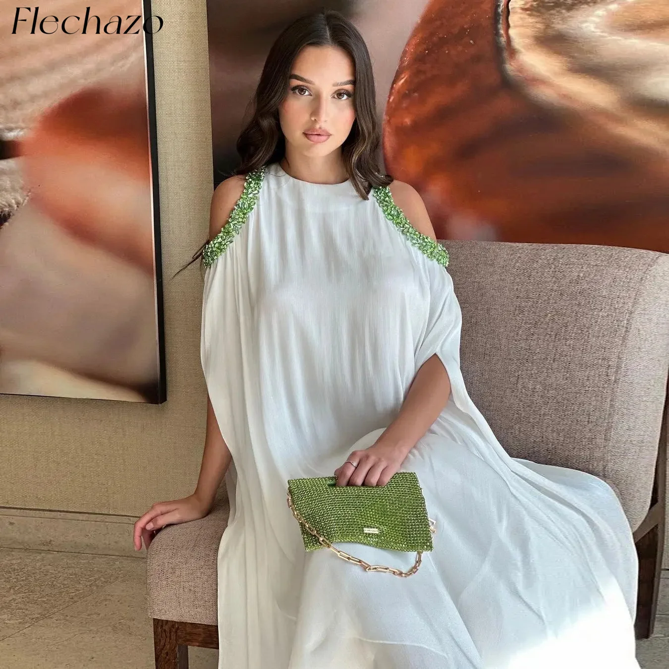 

Flechazo White Evening Dresses O Neck Ankle-Length Loose Green Beading Celebrity Party Dress For Women 2024 vestidos de fiesta