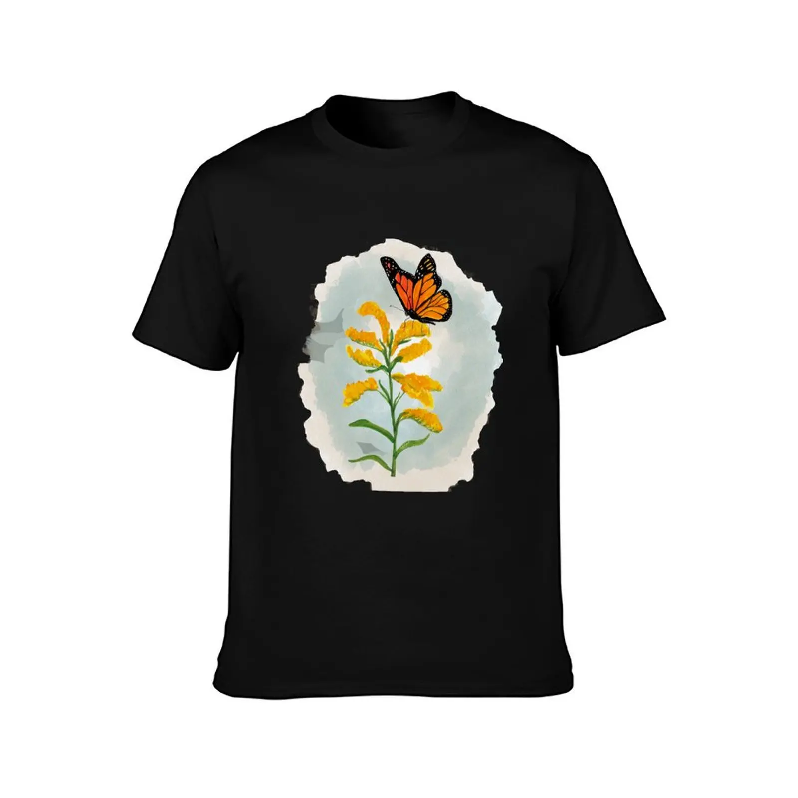 Monarchs and goldenrod - Teal T-Shirt Summer Casual Cotton Tee Oversized Streetwear Tops Vintage Graphic Print 100% Cotton
