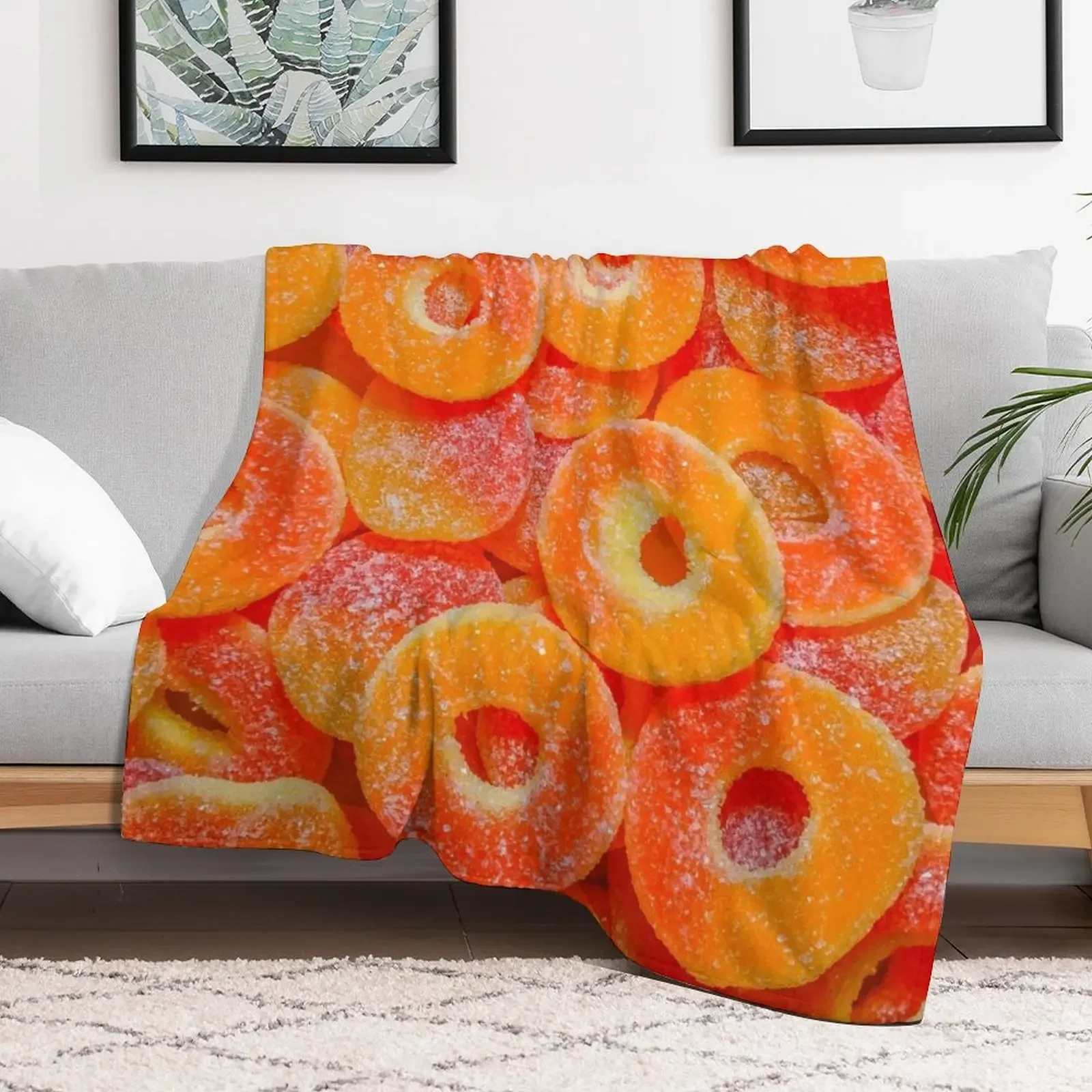 Sour Peach Slices and Rings Gummy Candy Photograph Throw Blanket Furrys Cute Plaid Blankets