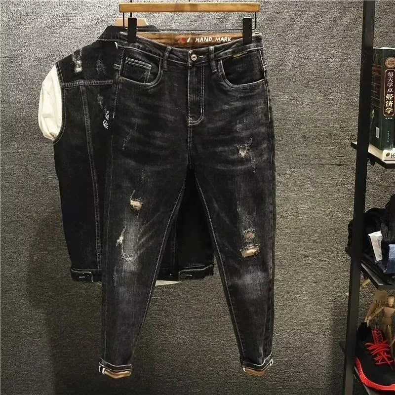 Jeans rasgado de luxo masculino, calça lápis, fino, casual, designer, moda, designer, namorado, primavera, outono