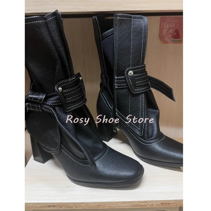 

Black Leather Vintage Belt Buckle Knight Boots Fashion Pleated Square Toe Side Zipper Square Heel Ankle Boot Autumn Street Style