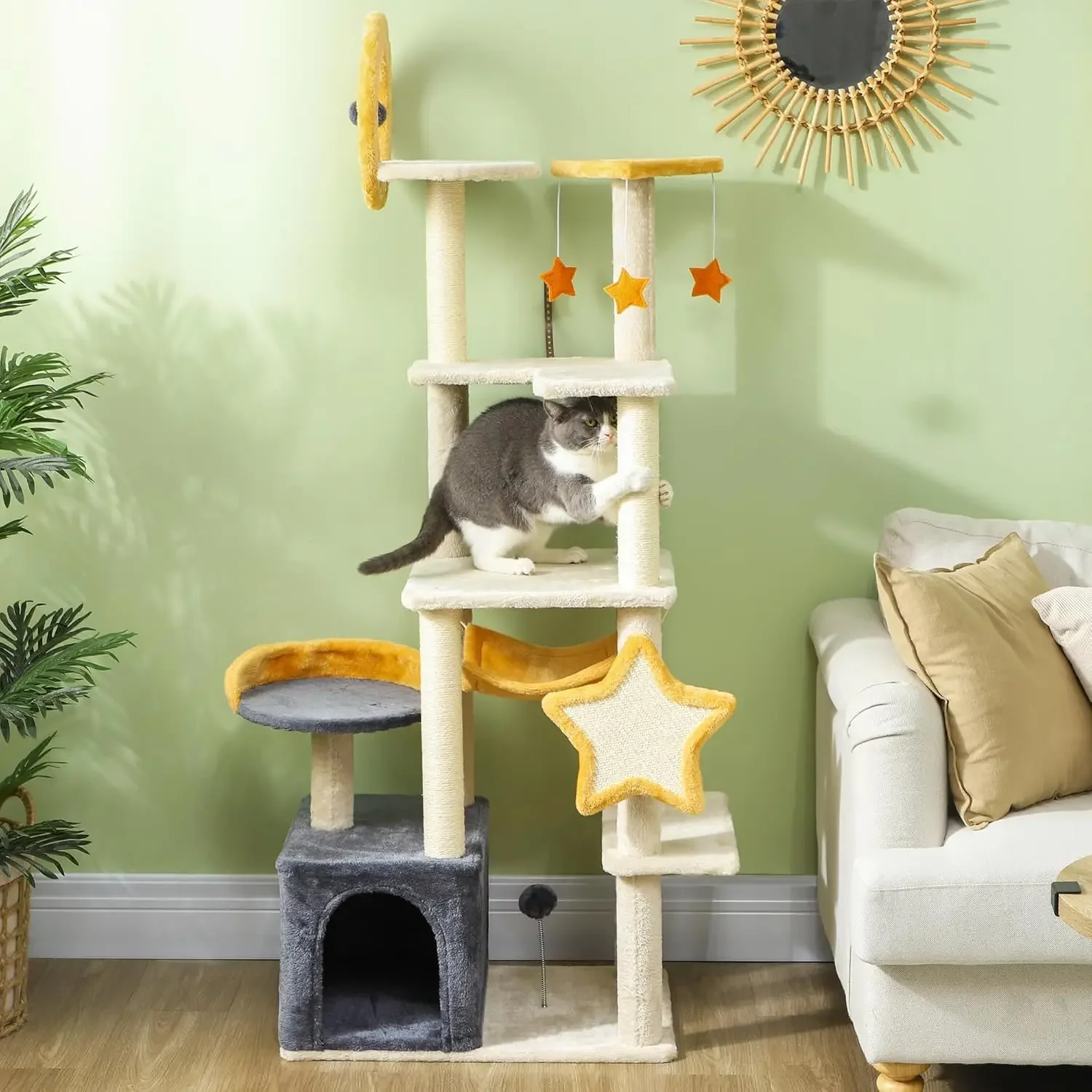 63 Inch Cat Tree for Large Adult Indoor  with  Scratching Post, Hammock, Condo, Bed, Scratching Board &  Toys