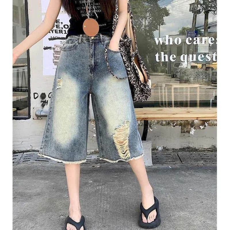 Denim Wide Leg Pants Loose 2026 Summer Large Size Capri Pants American Ripped Jeans Vintage Sweatpants Women Baggy Y2k Clothes