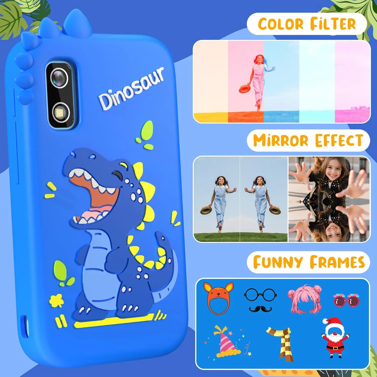 Telefon dla dzieci z aparatem dla chłopców z ekranem dotykowym, karta 32G Prezenty urodzinowe dla dzieci Podwójny aparat, odtwarzacz muzyczny (niebieski dinozaur)