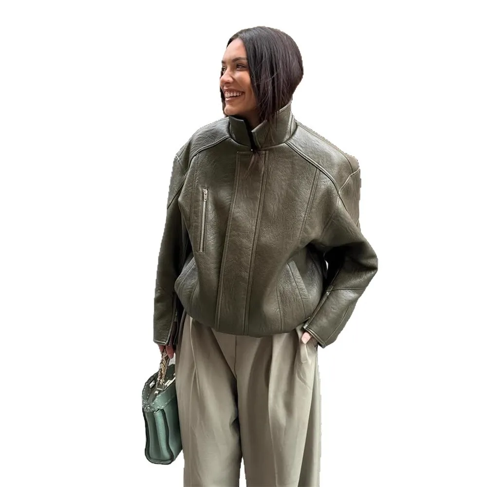 

Minimalist Chic Street Female Outwear Women Autumn Leather Jacket Army Green Stand Collar Zipper Pockets Vintage Coats For