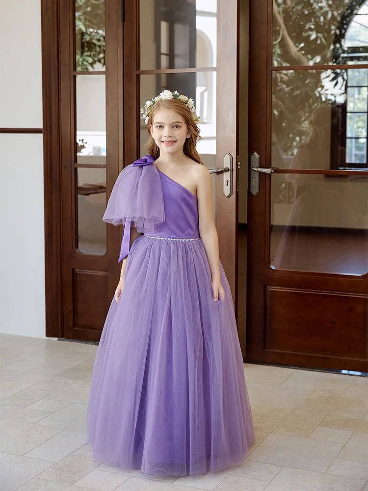 Vestido roxo flor menina para casamento tule miçangas um ombro com arco até o chão vestido de princesa crianças vestidos de festa de aniversário