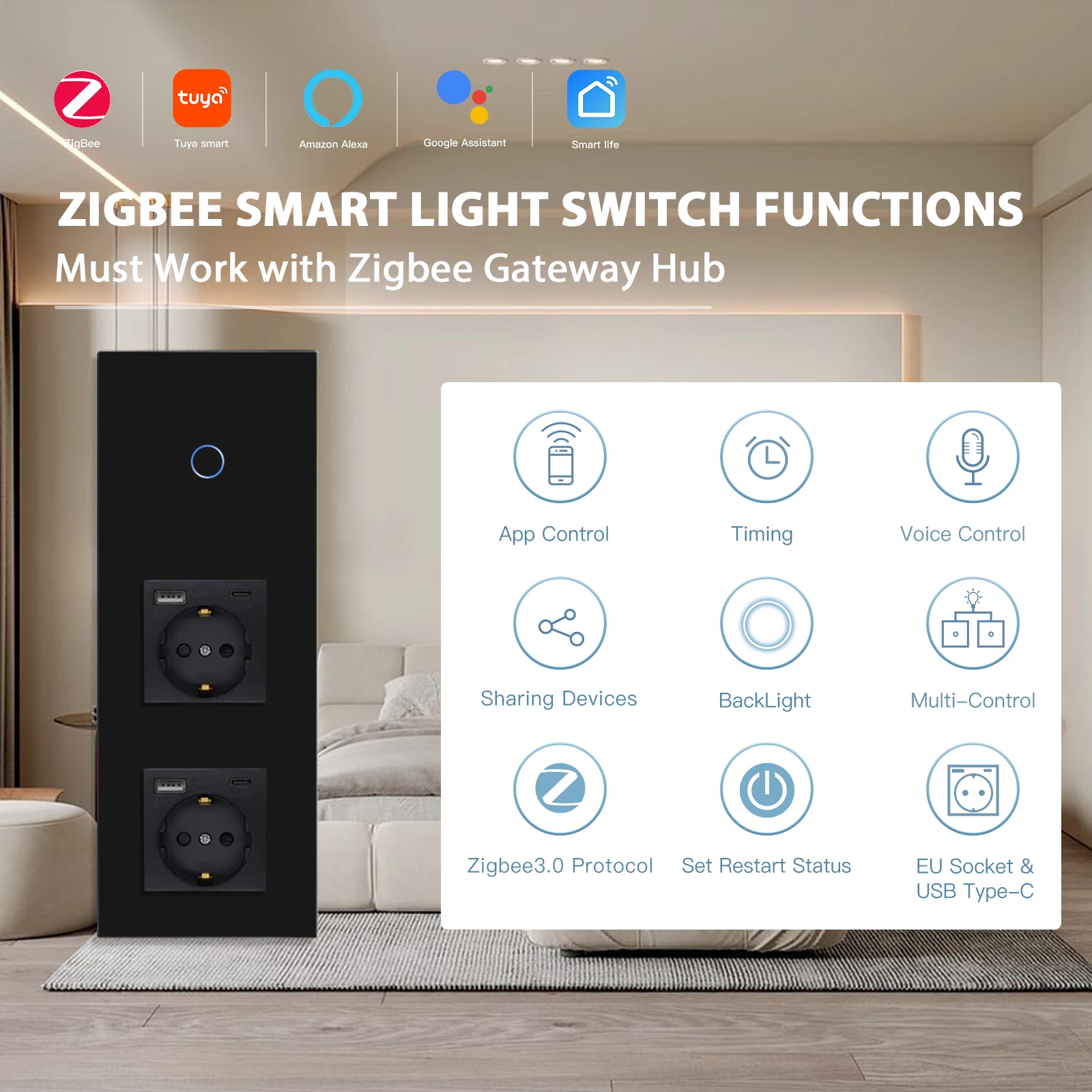 BSEED Zigbee Smart Touch Switches Plus Double EU Wall Socket With Type-C USB Ports 2.1A  Tuya Smart Life Alexa Wireless Control