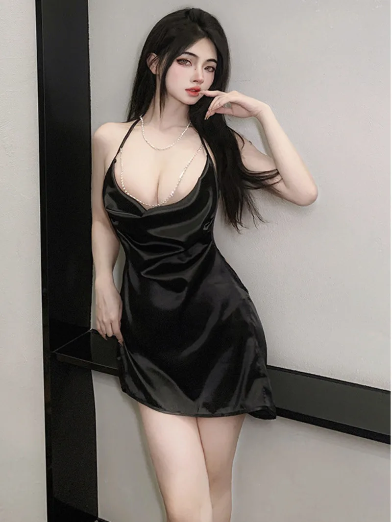 Colletto in pile Nero Backless Catena di cristallo Mini abito Discoteca sexy Nuova biancheria intima Ragazza Abito Elegante Hot Sexy Donne coreane 7RNS