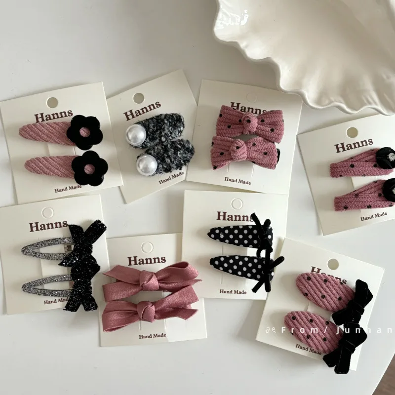 Cream powder black polka dot fabric hairpin duck bill clip simple girl berry powder corduroy bangs BB side clip broken hair