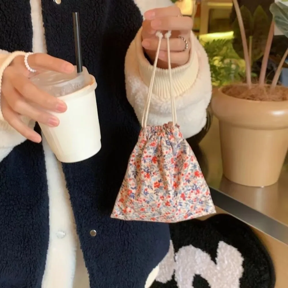 

Cute Corduroy Lipstick Cosmetic Bag Floral Print Tote Key Drawstring Storage Bag Small Jewelry Organizer Coin Purse Women