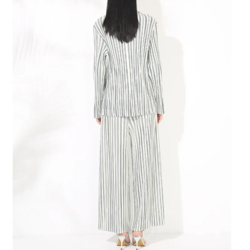 YFPF Casual Pleated Striped Women 2 Piece Set Long Sleeve Button Shirt + Wide Leg Trousers Fashion 2025 New Clothing 3A377