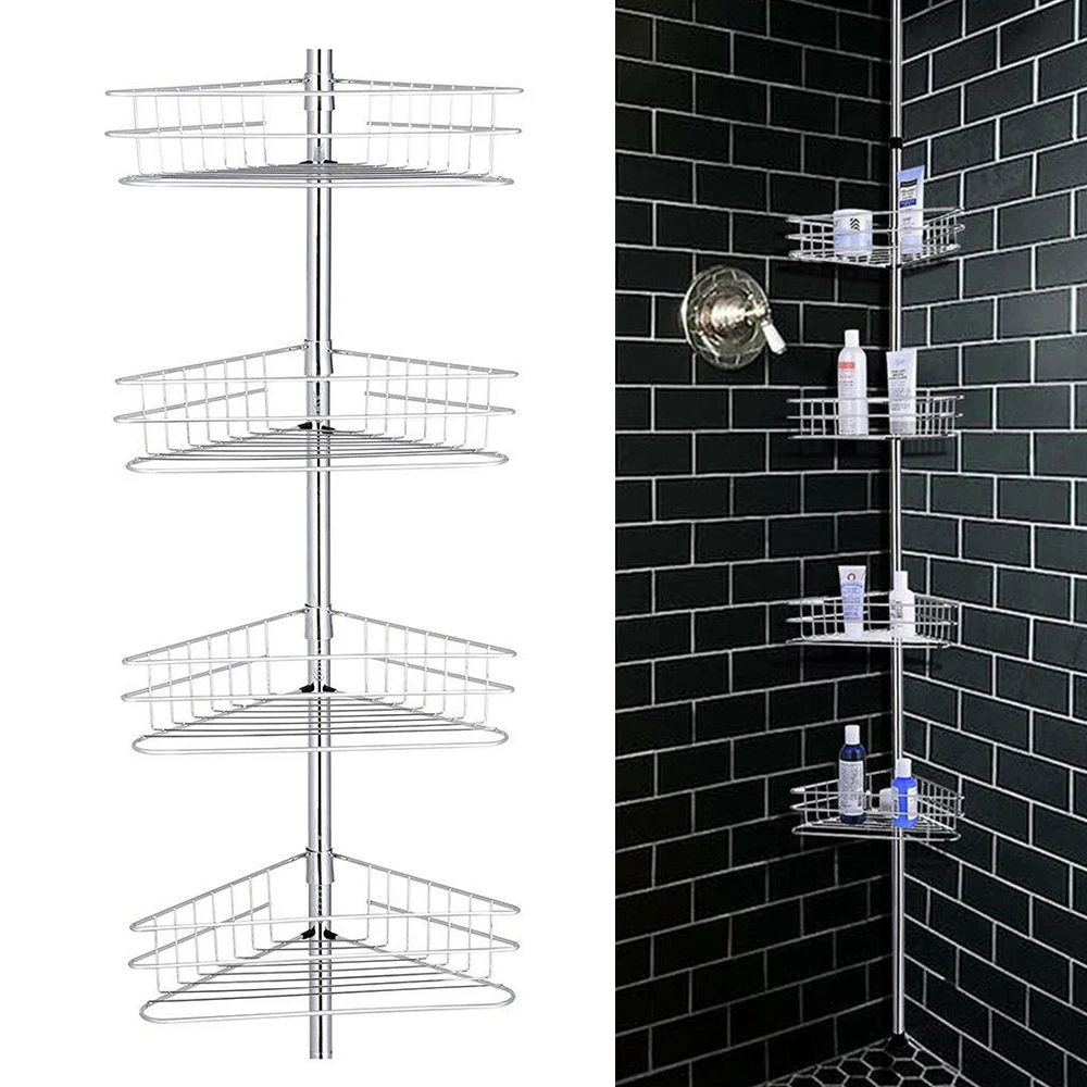 

4-Layers Metal Storage Rack Bathroom Corner Rack Tension Pole Shower Storage Basket High-Quality Durable Sliver Towel Holder