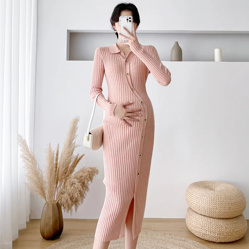 Chic Ins Elegant A Line Slim Dress Clothes for Pregnant Women Pregnancy Autumn Winter Knitted Maternity Long Sweaters