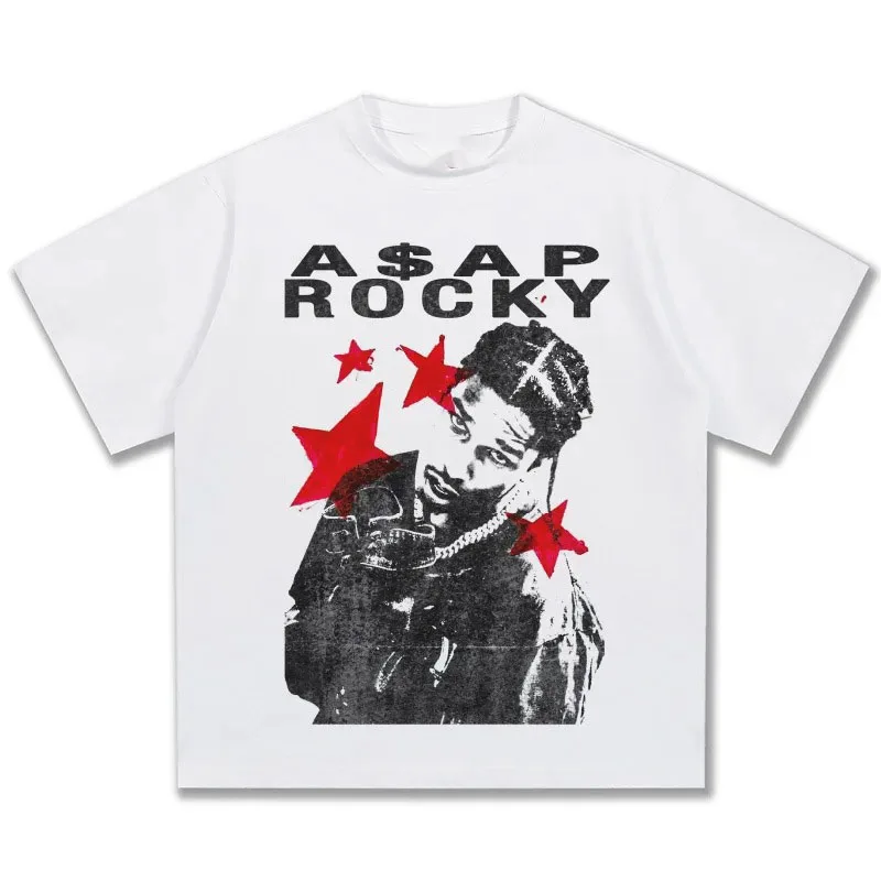 Hip Hop Rapper Casual Cotton Short Sleeve ASAP Rocky Red Stars Graphic T-Shirt Unisex Oversized Trendy Y2K Oversized For Daily